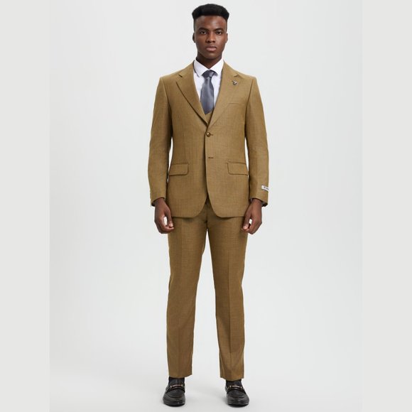 Stacy Adams Sharkskin 3pc Suit w/ Expandable Waistband, Tanned Mustard - Picture 4 of 6